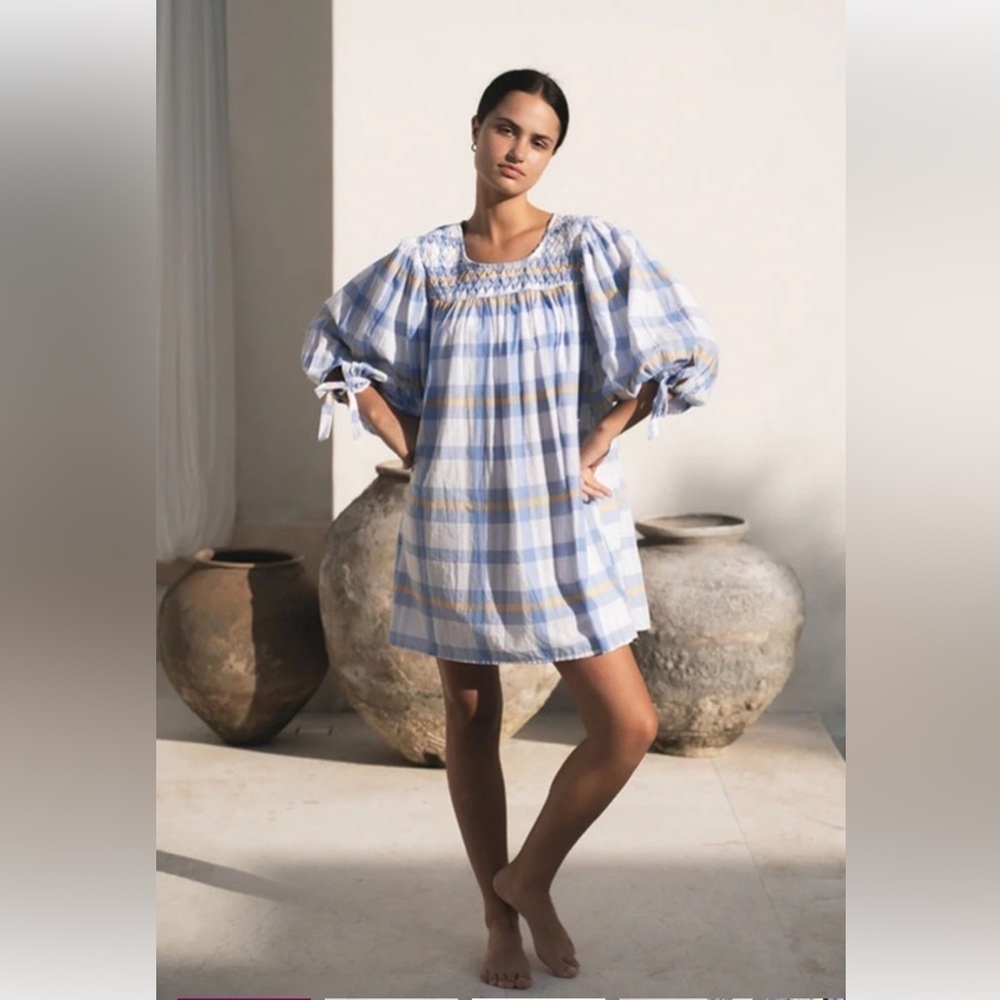 NWT Daughters of India Freya Blue Plaid Mini Dress Size XS Puff Tie Sleeve